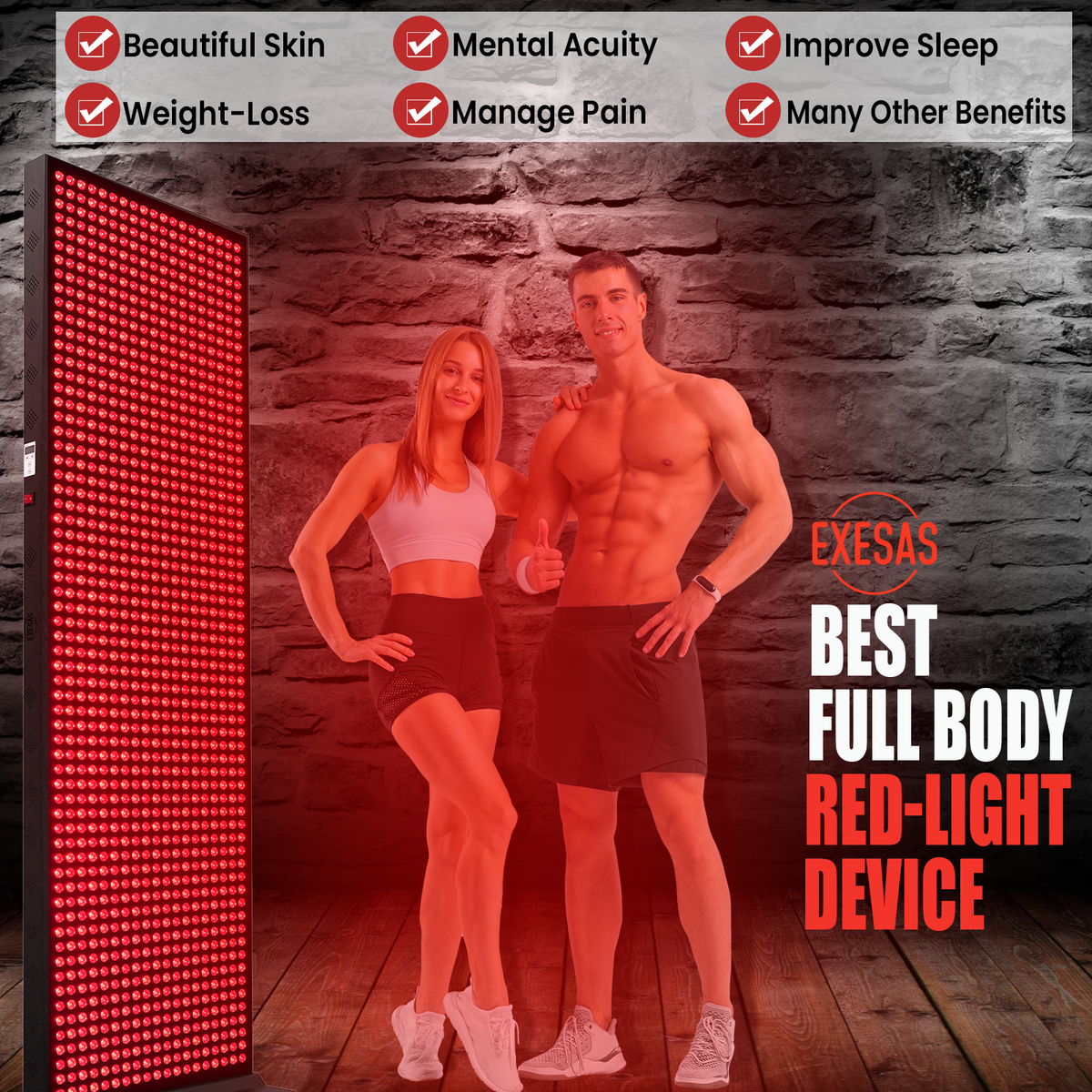 EXESAS 1216 LED, 6080W Dual-Chip, Red Light Therapy Device for Full Body, 4-Wavelengths Infrared LED Panel for Skin, Weight, Pain, Wellness
