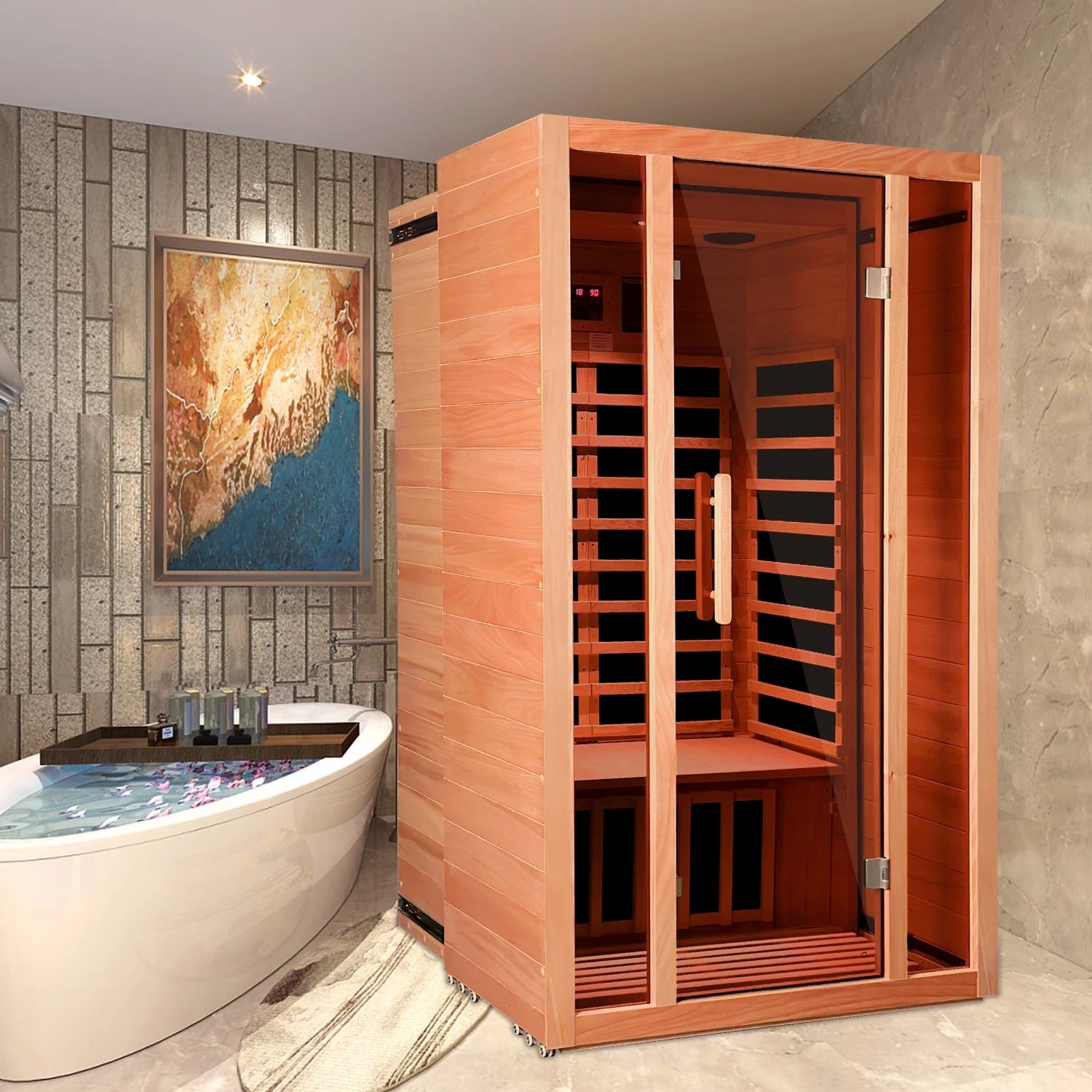 2 Person Extendable FAR Infrared Sauna for Home, Hemlock Wood Low EMF 6 Carbon Heaters Indoor Saunas with LED Lights, Bluetooth Speaker, Digital Control Panel, and Seating Bench